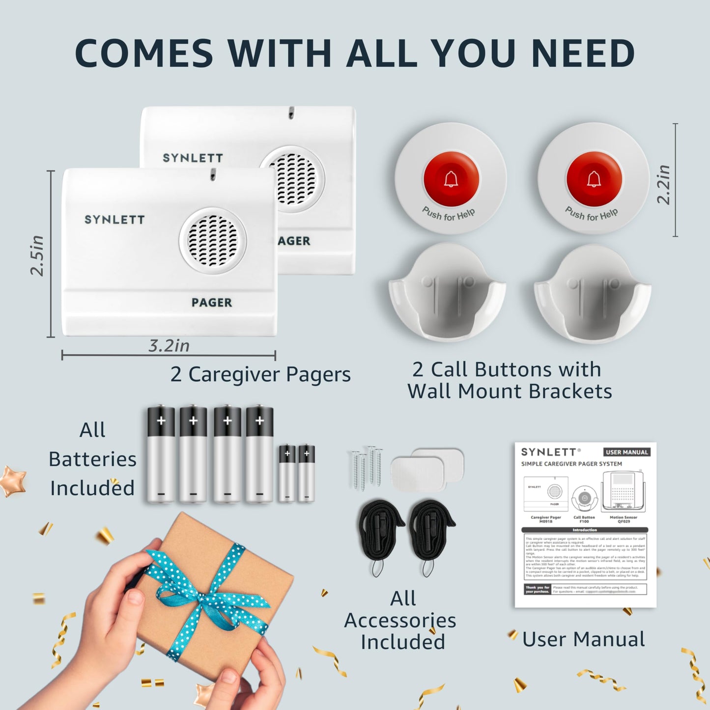 SYNLETT Caregiver Pager Call Button Wireless Call Bell Alert Buttons for Patients Elderly Seniors Home Portable Nurse Call System Bed Alarm Fall Prevention Emergency
