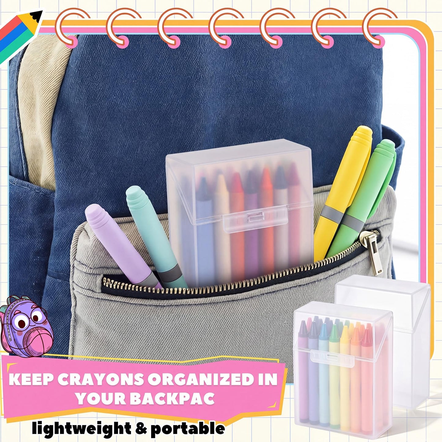 Clabby 24 Pcs Plastic Crayon Organizer Case for 24 Count Crayons Kids Art Supply Storage Box with Lid, Portable Holder for Classroom Home Travel, Fits Standard 24-Pack Crayon (Clear)