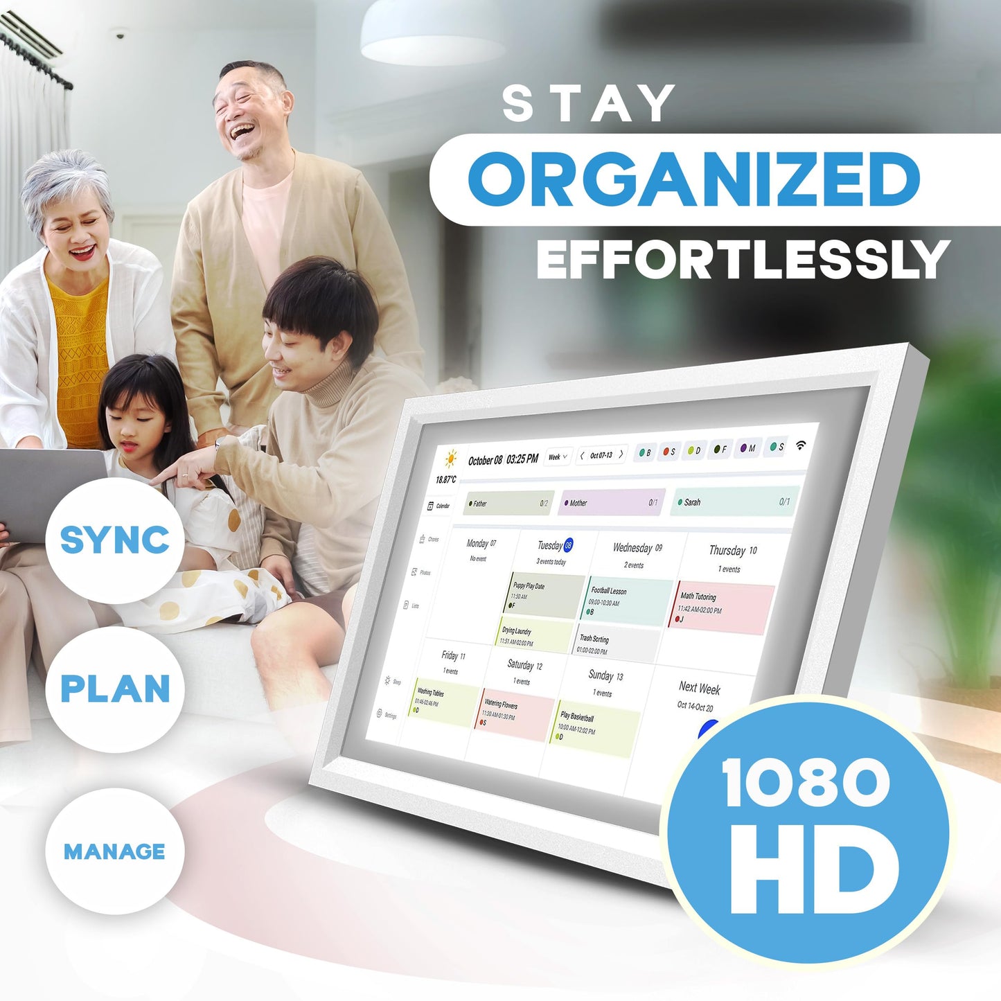 15.6 Inch Digital Calendar with Wall Mount Option, HD Touchscreen Planner, Wi-Fi sync, Color Coded Scheduling, Meal Planning, Chore Chart for Family and Home Organization