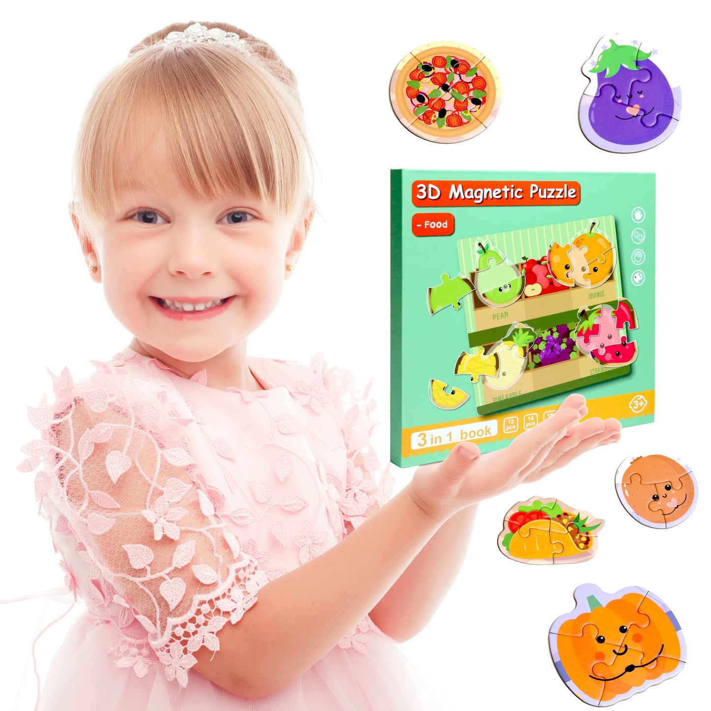 Magnetic Puzzles for Kids Ages 1-3, Travel Toddler Puzzles Ages 2-4 Year, Food Activities Toy for Boys & Girls 3-5 yo - Learning Magnet Gift for Road Trip