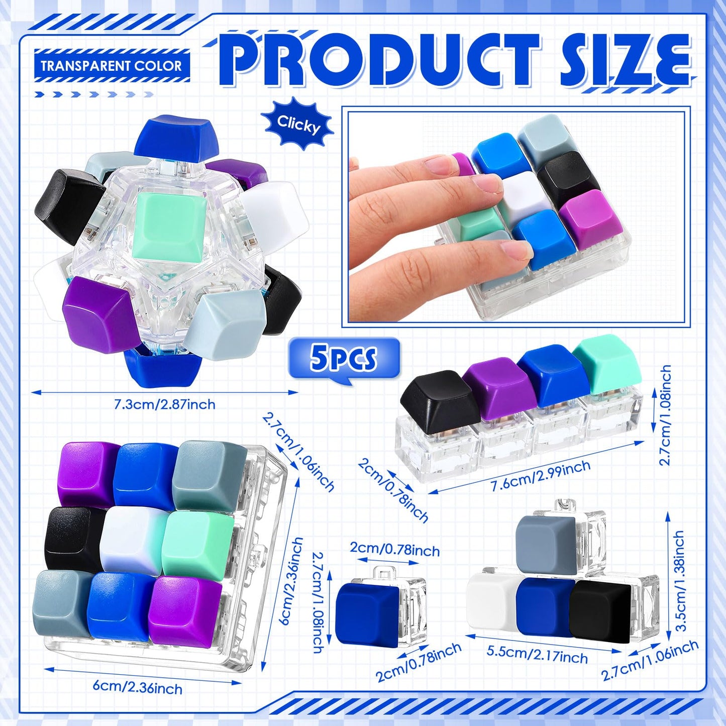 Halloscume 5 Pcs Keyboard Adult Fidget Clicker in 5 Styles Keyboard Fidget Keychain Cube Mechanical Key Button Clicker Stress Relief Gift for Office Home Pass Time(Dark Colors)