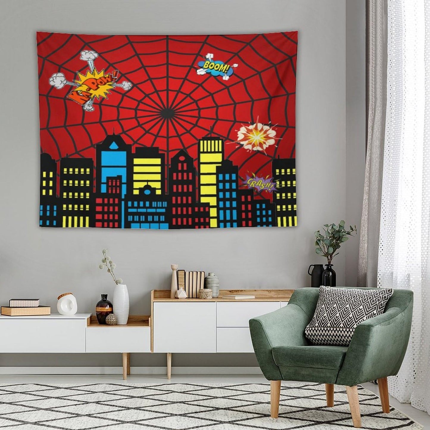 Spider Web Tapestry,Red and Black Design Spider Web Tapestry for Boys Girls Teens,Super City Tapestry Wall Hanging Home Décor for Game Room Play Room Bedroom Living Room 80" x 60"