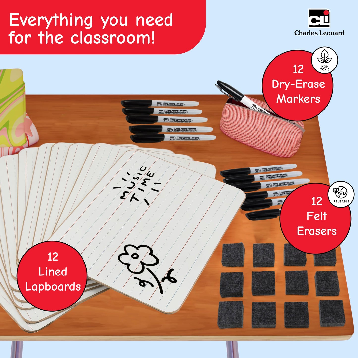 Charles Leonard Dry Erase Board Classroom Pack - Mini Lapboard School Supplies - Includes 12 Each One-Sided Lined Erasable White Boards, 2 Inch Felt Erasers and Black Dry Erase Markers (35025)