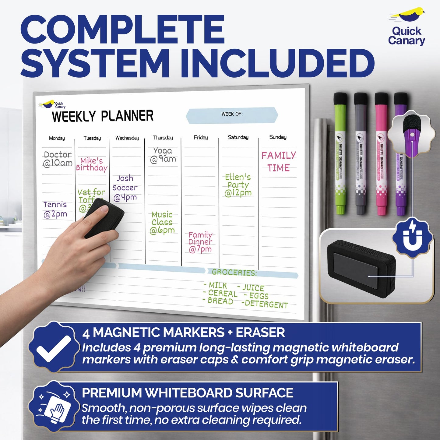Magnetic Weekly Planner for Fridge - 17x12” Stain-Resistant Dry Erase Whiteboard Fridge Calendar with Large Writing Space for Schedules, Chores & Meals - Includes 4 Markers & Eraser