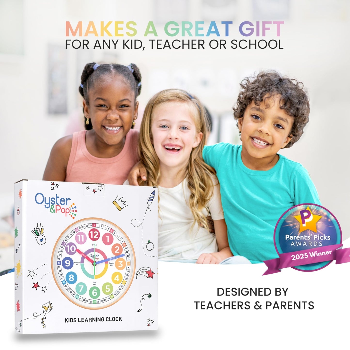 Oyster&Pop Kids Clock - Silent 10" Pastel Analog Learning Wall Clock - Award-Winning Telling Time Teaching Clock for Kids - Bedrooms Homeschool & Classrooms - Includes eBook