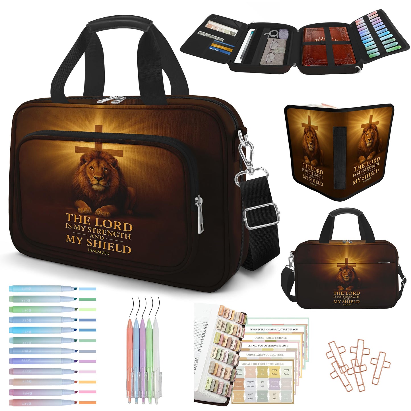 IBOVODI Lion Cross Bible Cover Case for Mens, Large Bible Carrying Book Case Church Bag with Strap & Handle Zipper Pocket, Bible Study Supplies Journaling Kit, Highlighters Tabs Pens Cross Clips