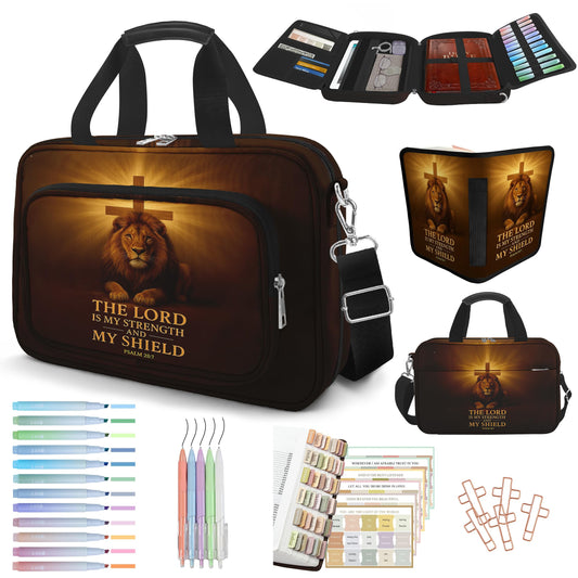 IBOVODI Lion Cross Bible Cover Case for Mens, Large Bible Carrying Book Case Church Bag with Strap & Handle Zipper Pocket, Bible Study Supplies Journaling Kit, Highlighters Tabs Pens Cross Clips