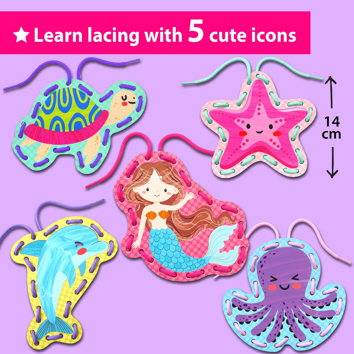 KRAFUN My First Lacing Cards Kit for Toddlers & Girls Age 3+, 5 Mermaid Ocean Arts & Crafts Projects, Fine Motor Skills Toys, Beginner Activity Set with Mermaid Octopus Seahorse Fish Starfish