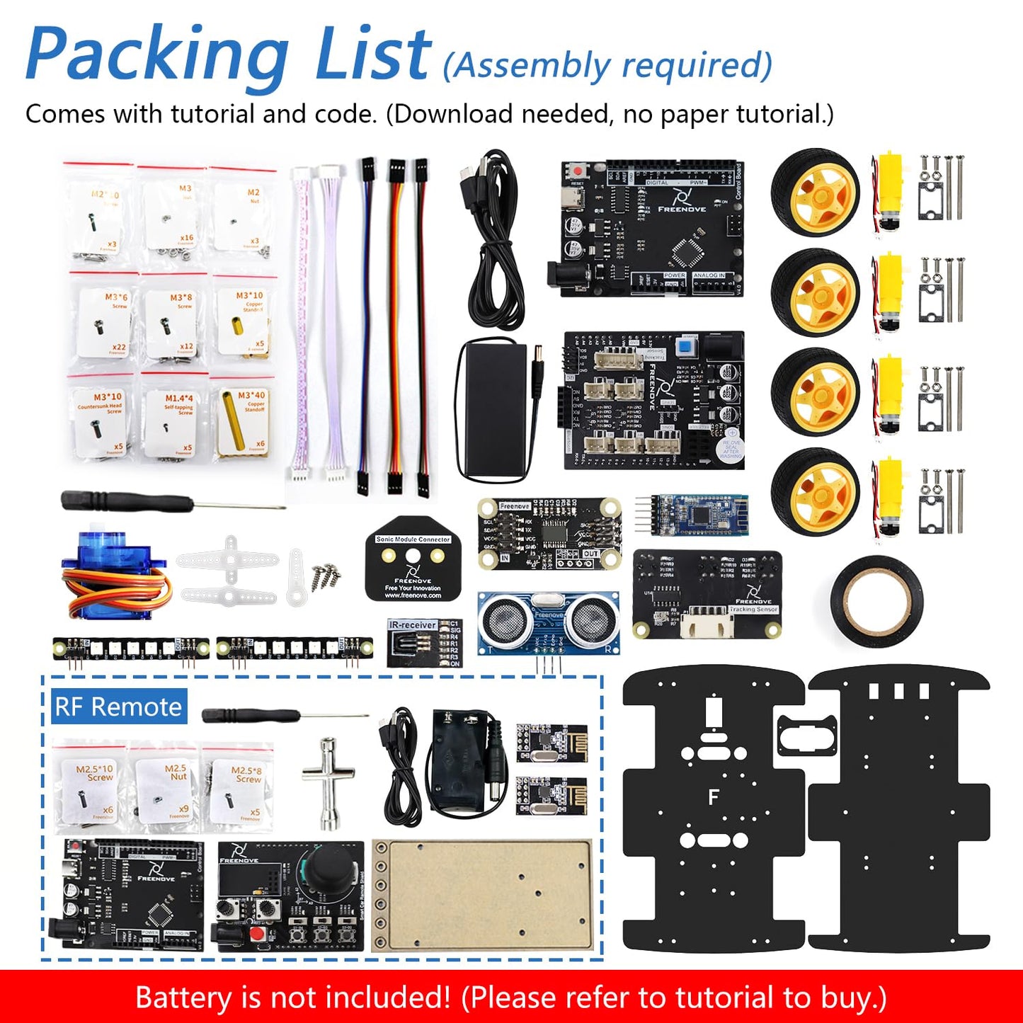 Freenove 4WD Car Kit with Remote (Compatible with Arduino IDE), Line Tracking, Obstacle Avoidance, Wireless Control App, Ultrasonic Sensor Motor Servo