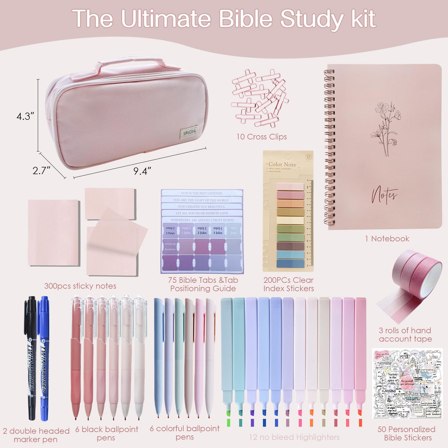 J6&H6 170Pcs Complete Bible Study Supplies Journaling Kit with Tabs, Highlighters and Color Pens, Notebook,Stickers & More Bible Accessories Set for Women, Beginner Christian Gifts(Pink)