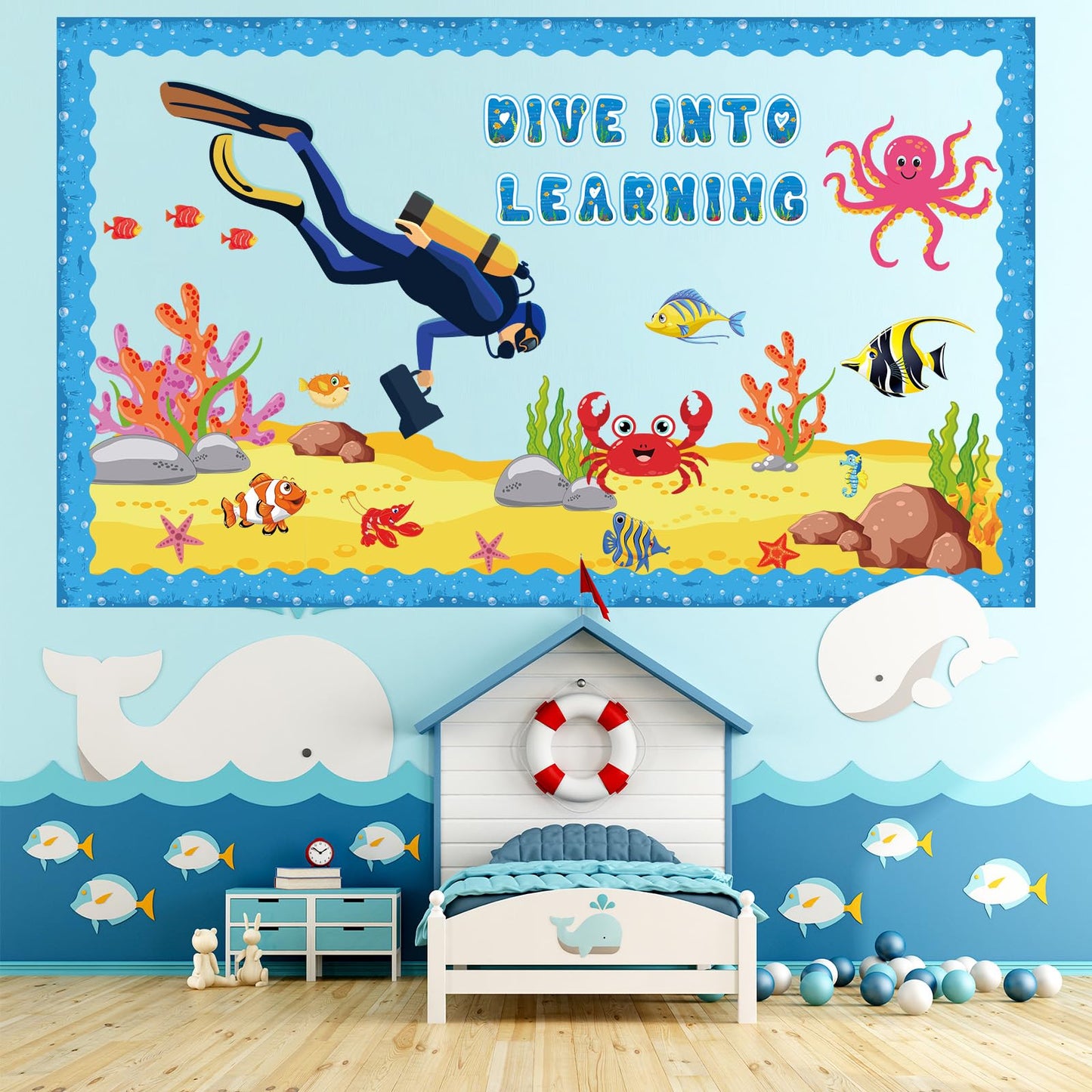 party greeting Ocean Animal Bulletin Board Set Under The Sea Classroom Decoration Summer Dive into Learning Sea Animals Fish Paper Cutouts for Tropical School Chalkboard Wall Decor Supplies