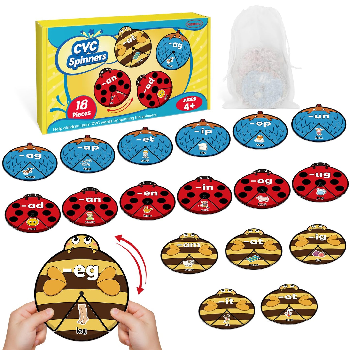 Kasfalci CVC Word Cards,CVC Word Games,Phonics Games,Speech Therapy Toys for Toddlers Kids,Learn to Read,Spelling Reading Learning Game,Kindergarten Preschool Learning Activities Educational Toy