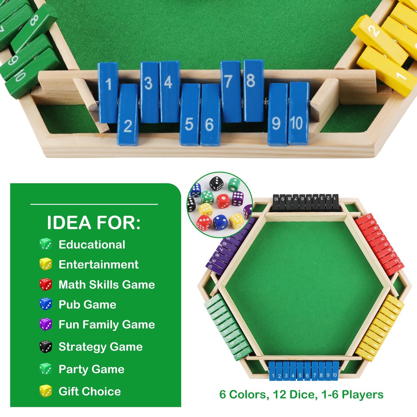 ITOMTE Shut The Box Game Wooden, 1-6 Players Dice Board Game for Adults and Kids, 10 Numbers Math Games - Educational and Entertaining, Classic Table Flip Blocks for Family Game Night