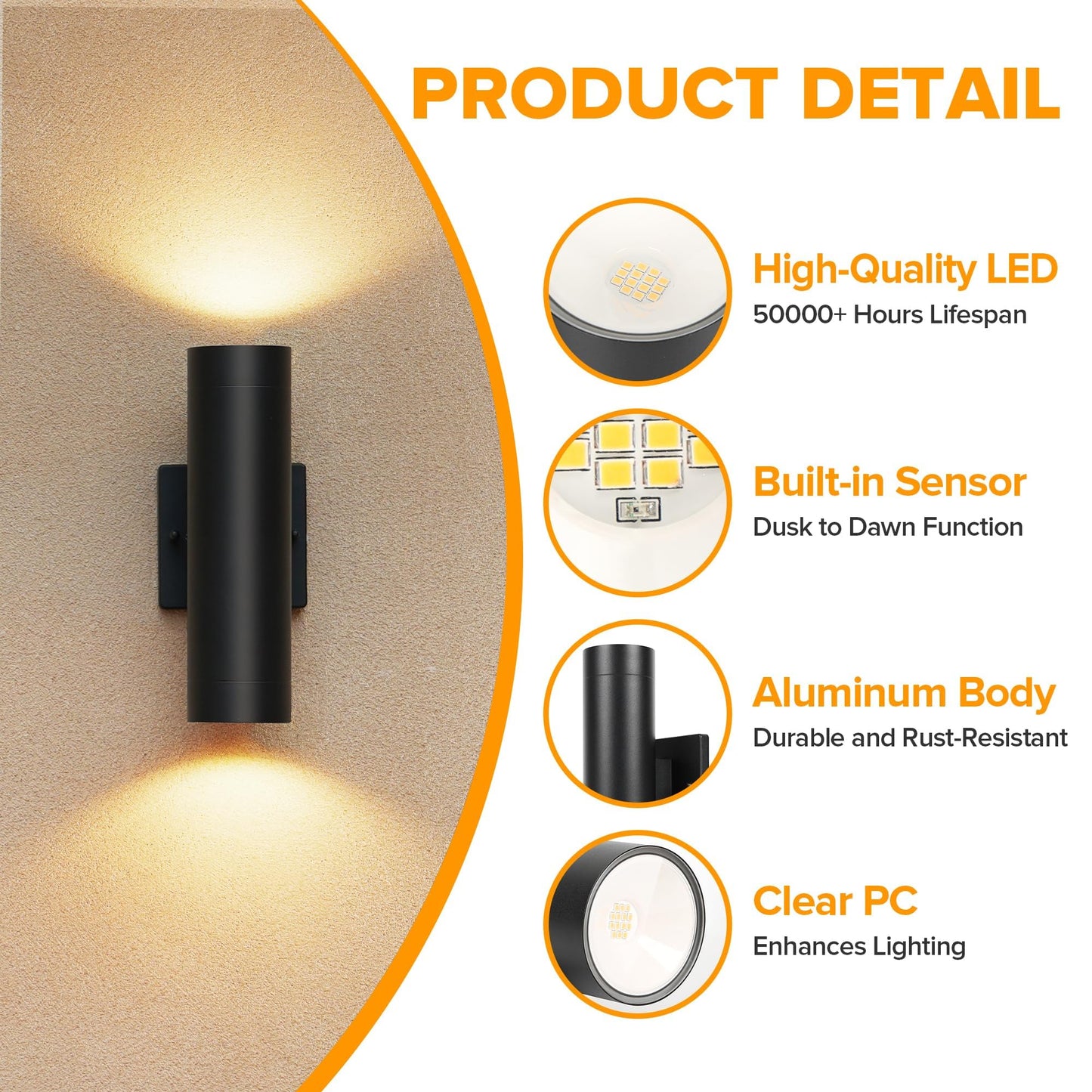 LUTEC Outdoor Wall Lights, 16W LED Up-Down Sconce, 3000K Waterproof, Black, Model 5500306012, 2 Pack