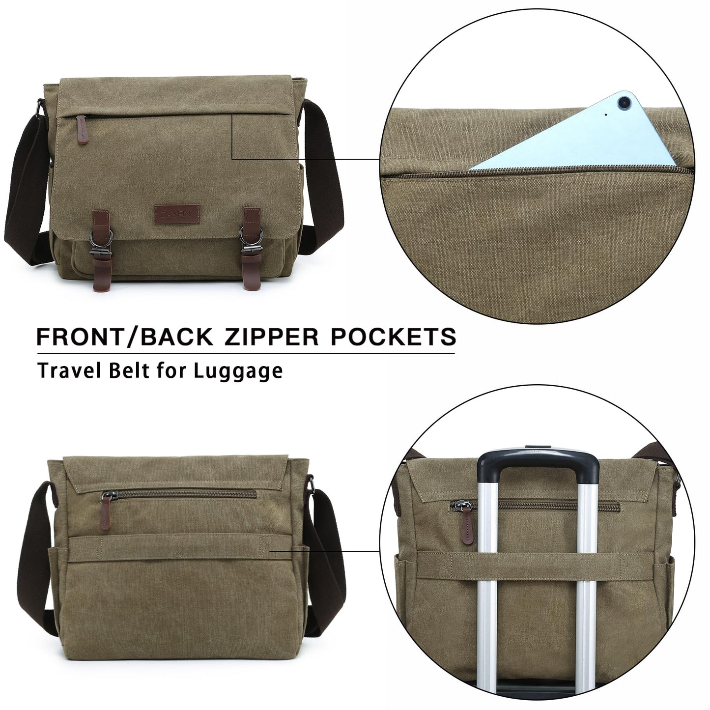 Dasein Large Vintage Canvas Messenger Shoulder Bag, Army Green, 15in Laptop Capacity