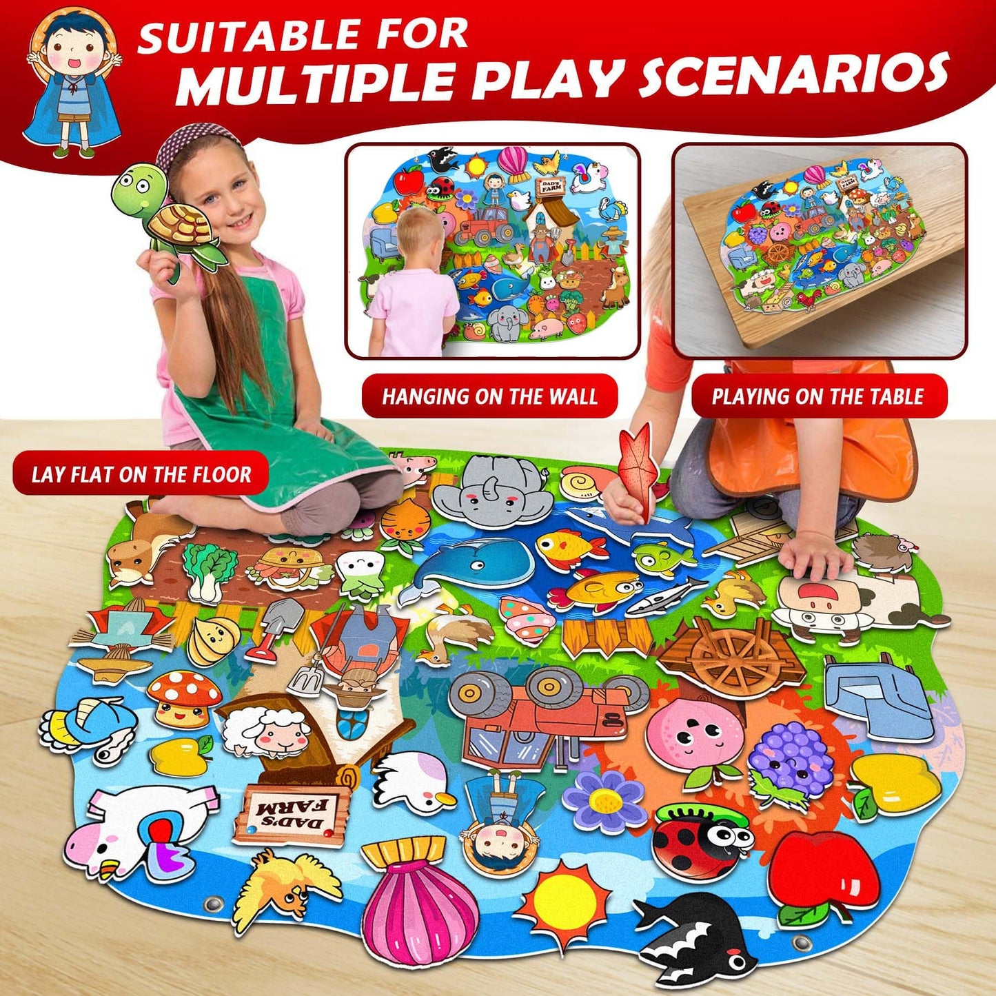 SKOLESK 77 Pcs Farm Animals Felt Story Board Set Preschool Farmhouse Themed Early Learning Storytelling Flannel Board Interactive Educational Play Kit Mat for Toddlers Kids