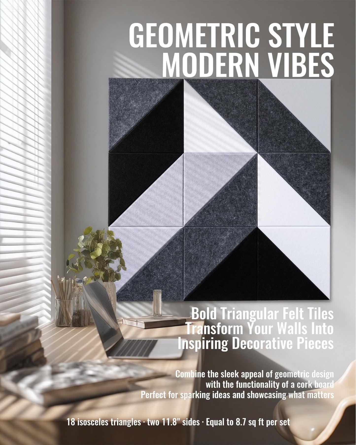 PebblingQ Felt Wall Tiles Bulletin Board, Modular Decorative Panels for Home Office, Kids Room, Classroom, DIY Geometric Design, Creative Photo Display Board, 18 Pack 11.8" Triangle Tiles(Ether)