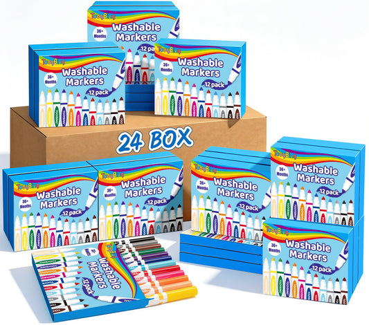 Washable Markers Bulk (288 Count, 24 Box), Broad Line Markers for Kids with Conical Tip, Assorted Colors, Drawing Essentials for School Classroom, Student Must Have for Coloring, Art Craft Supplies