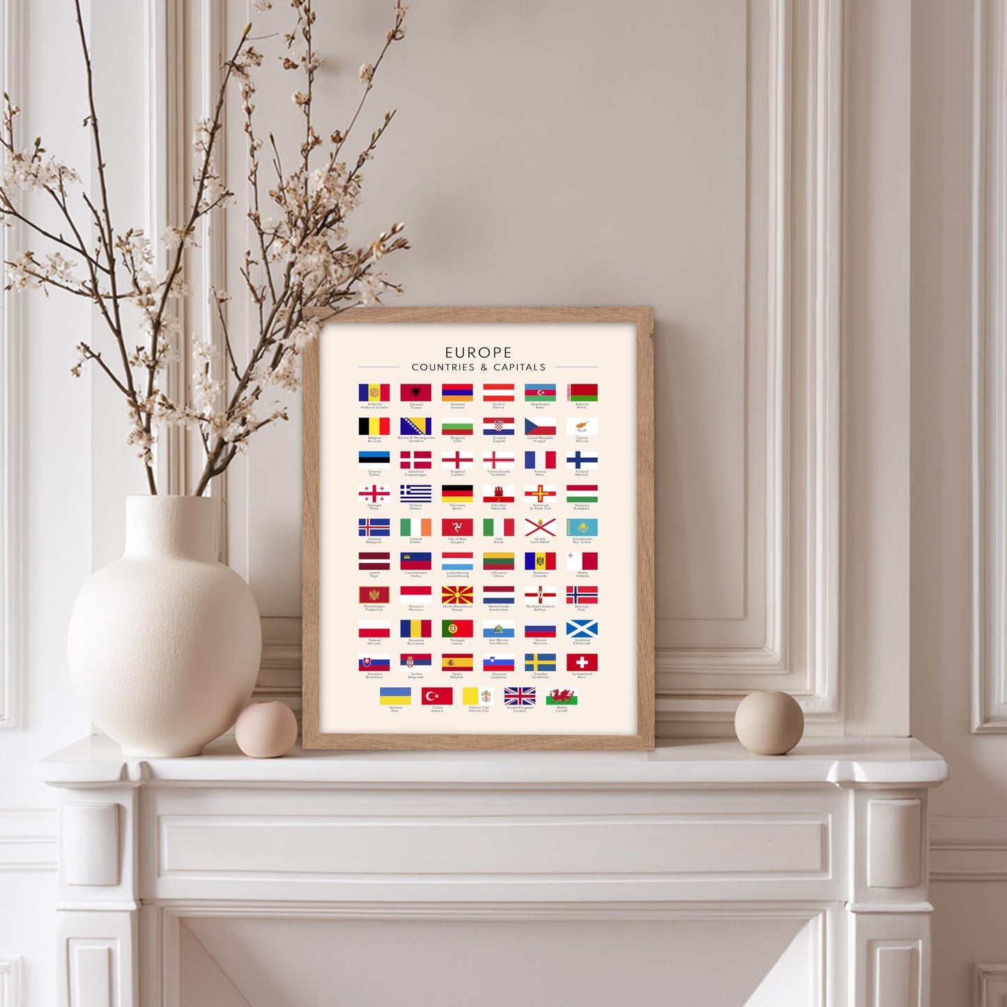 Poster Master Flags of Europe Poster - European Countries & Capitals Print - Learning Materials Art - Gift for Student & Teacher - Wall Decor for School, Classroom or Library, 11x14 Beige Framed