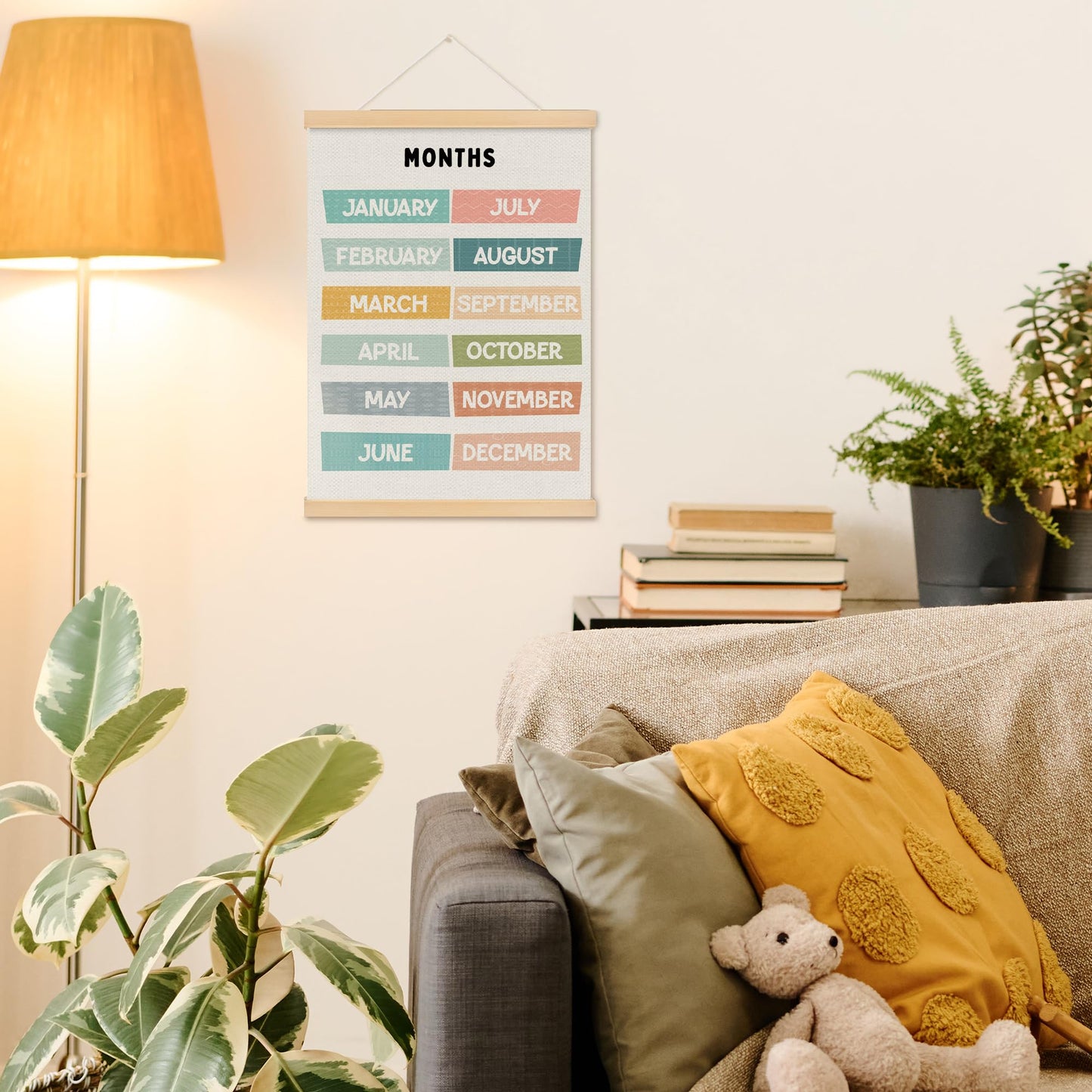 MOTERMATE Months of The Year Wall Art Poster for Classroom, Boho Toddler Room Decor, Learning Educational Canvas Poster Hanger Frame for Toddlers Classroom, Playroom Wall Hanging Banner Decor, 12x16In
