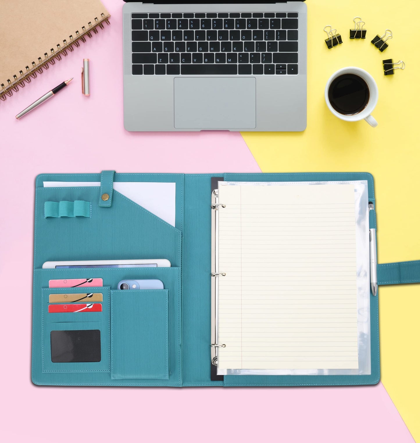 Wonderpool A4 PU Leather Portfolio Holder Ring File Document Case with Removable Binder Clipboard, Multi Pocket and Legal Pad for Business Organizer Interview and Meeting (Cyan)