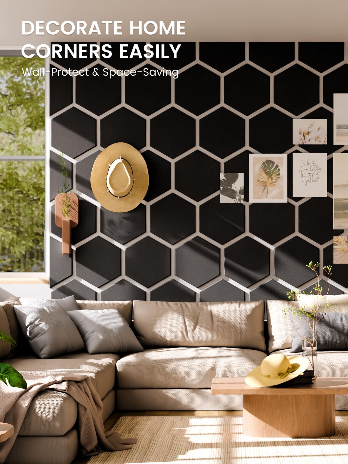 Fluxynara Hexagon Cork Board Alternative for Walls Decor-8-Pack Felt Bulletin Board Tiles,with 30 Pushpins,50 Adhesive Tabs for Office,Classrooms & Home Pin Board Felt Board-Black