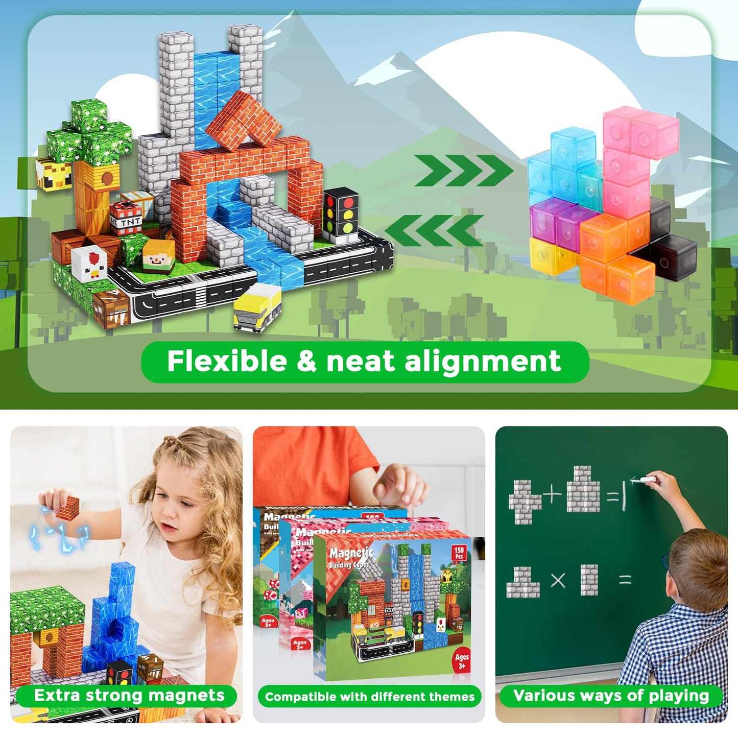 Magneverse 150 PCS Magnetic Blocks - Forest Village Building Block for Kids Ages 4-8, Magnetic Cubes for Boys Girls, STEM Educational Stacking Magnet Toy for 3 4 5 6 7 8 9 10 11 12 Birthday Gifts