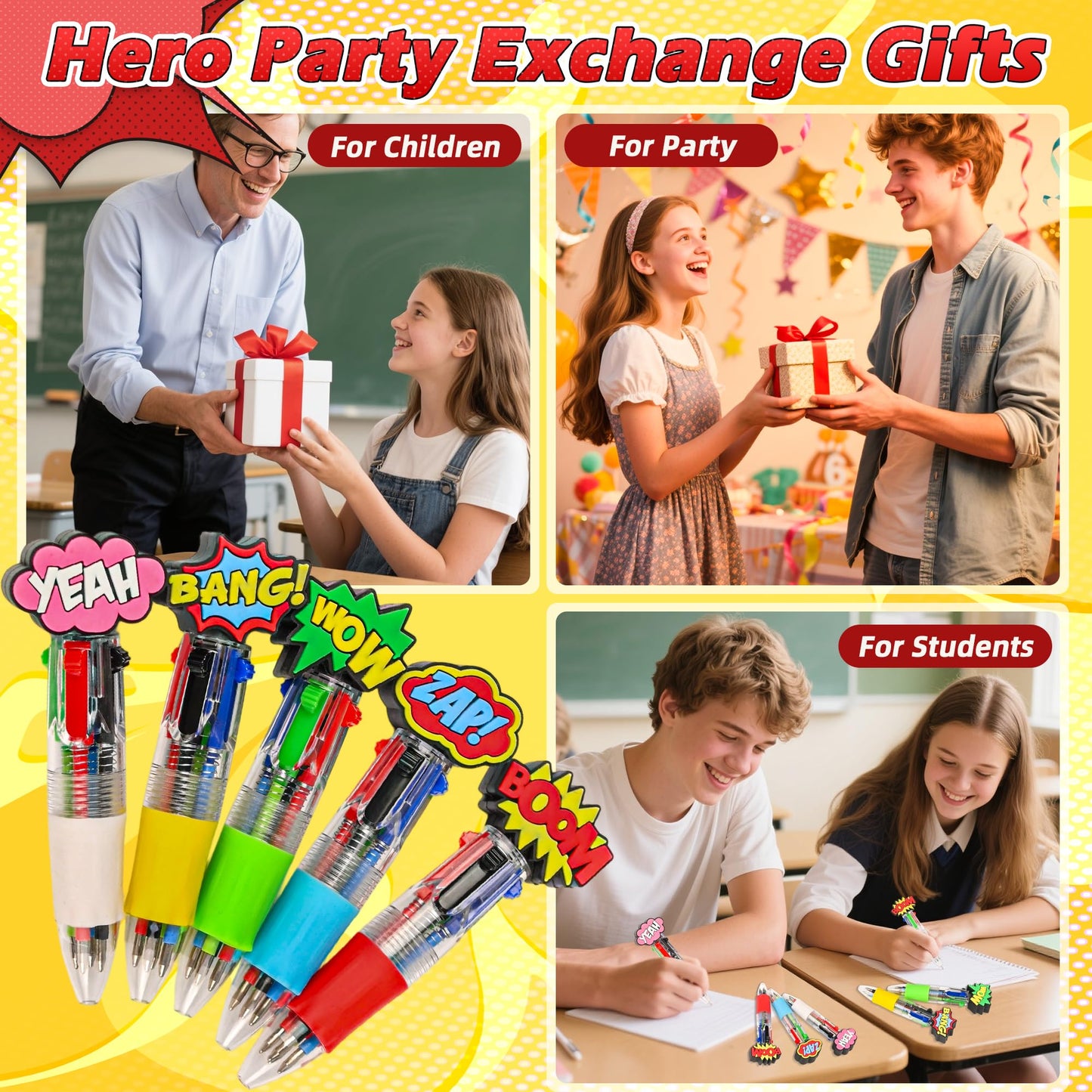 LiYiQ 25 Pcs Hero Theme Multicolor Pen in One Cartoon Cute Fun 4-in-1 Cute Pens Bulk Kawaii Hero Theme Boom Wow Pow Conversation Cool Ballpoint Pens for Fun Gifts