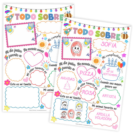 DeeDee's Workshop 25 Spanish All About Me Classroom Posters - 11 x 17 inches, Full Color Educational Wall Art for Students