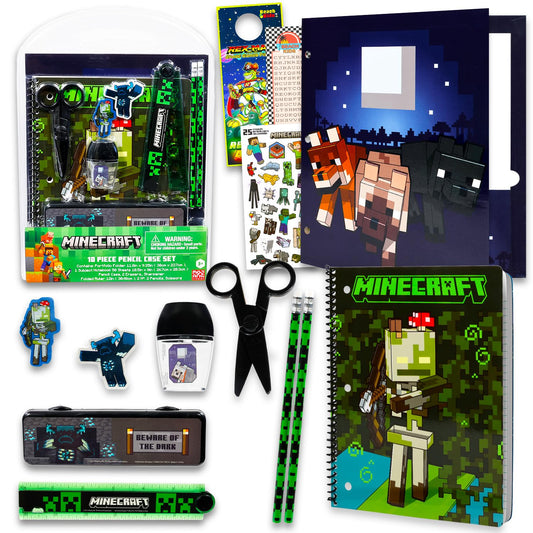 Minecraft School Supplies Set - Bundle with Creeper Folder, Notebook, Erasers, Stickers, and More | Minecraft Back to School Supplies Stationery Kit for Boys, Kids