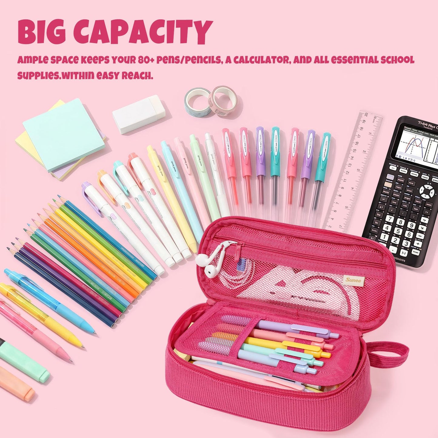 SUNEE Cute Pencil Case, Large Capacity Pencil Pouch, Soft Corduroy Pencil Bag, Big Storage Pen Organizer for Stationery, Aesthetic Pencil Box, Back to School Supplies for Teen Girls Boys, Berry Pink