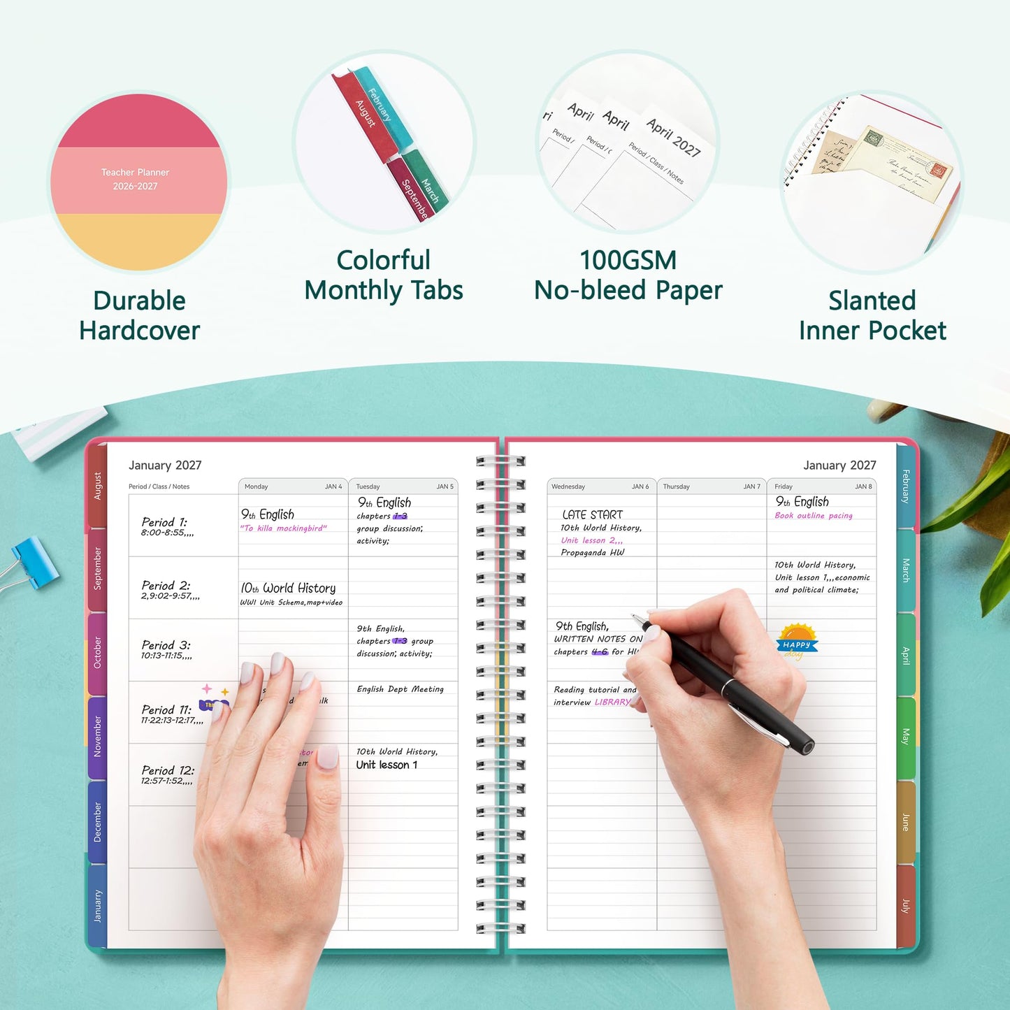 Teacher Lesson Planner 2026-2027 Academic Year, Aug 2026-Jul 2027, Deluxe 26-27 Lesson Plan Book for Teachers Supplies & Homeschool Planner with Pocket & Monthly Tabs, 8.5" x 11", Happy Stripes