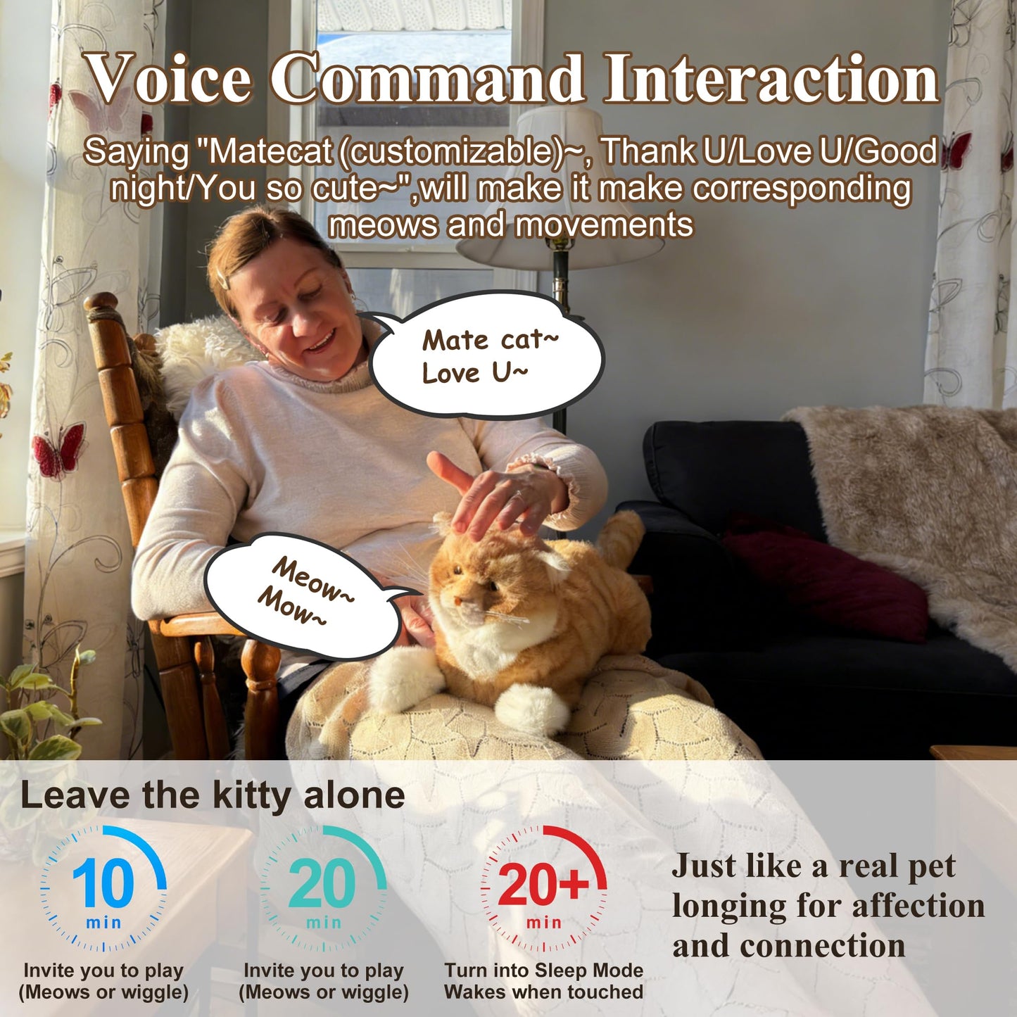 Chongker 24.8" Interactive Robot Cat Plush Realistic Stuffed Animals, Companion Robotic Cat with Meow Purring Heartbeat, Eye Mouth Ear Movement, Kitten Electronic Kitty Toy for Seniors
