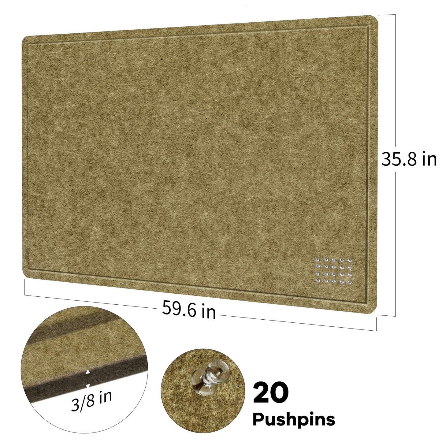 Large Bulletin Board - 60 x 36 Inches, Decorative Felt Pin Board for Wall - 5' x 3' Foldable Photo Display Board with Self-Adhesive Tape, Includes 20 Push Pins - Olive