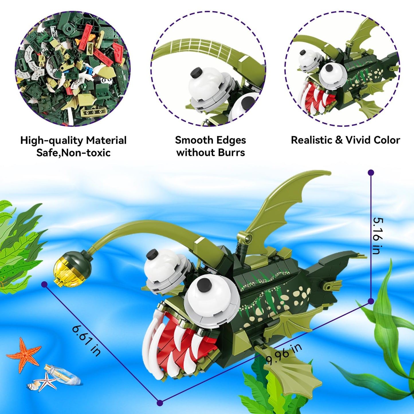 KAZI Anglerfish Toy Building Set,Sea Creatures Building Blocks,Ocean Animal Toys for Kids Ages 8 9 10 Plus Boys Girls,Halloween Party Favors,Christmas Birthday Gifts,Easter Basket Stuffers
