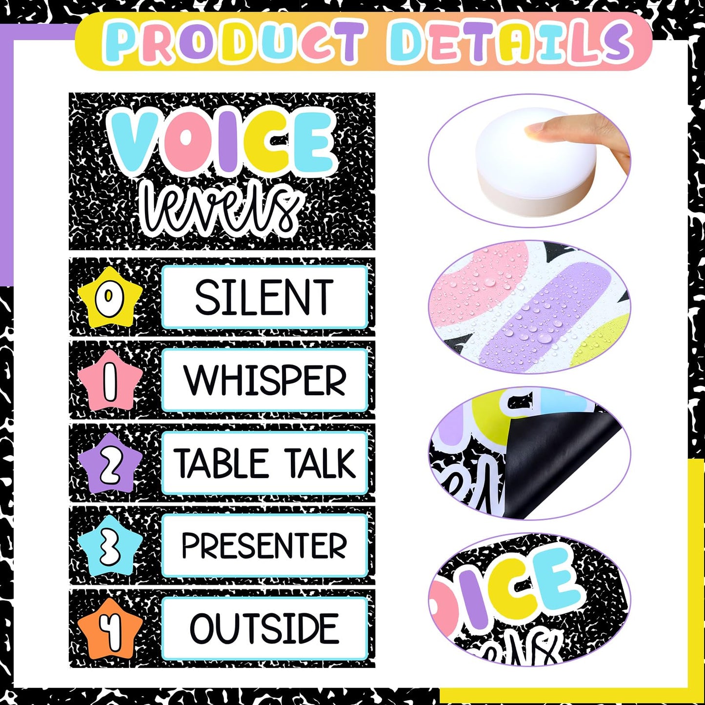 Glooglitter 5 Pcs School Magnetic Voice Level Chart Poster and Push Light Composition Notebook Classroom Decor LED Tap Light Chart Noise Voice Level Sign for Classroom Teacher Back to School Supplies