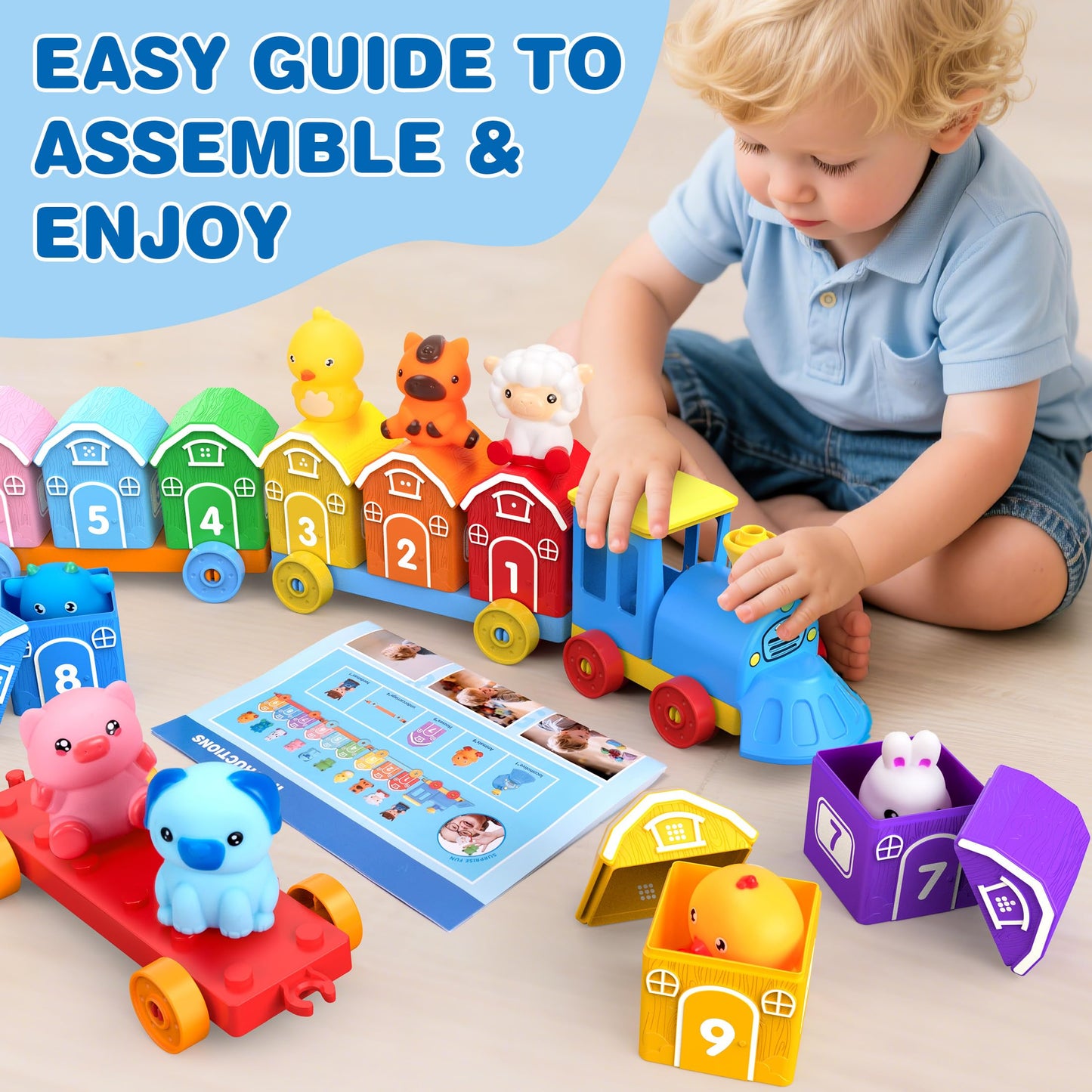 GooMags Montessori Toys for Toddlers, Farm Animal Train Set with Counting Matching Sorting Activities 9 Barns, 10 Finger Puppets, 2 Stickers-Learning Toys for Baby Boys Girls, Preschool Gift