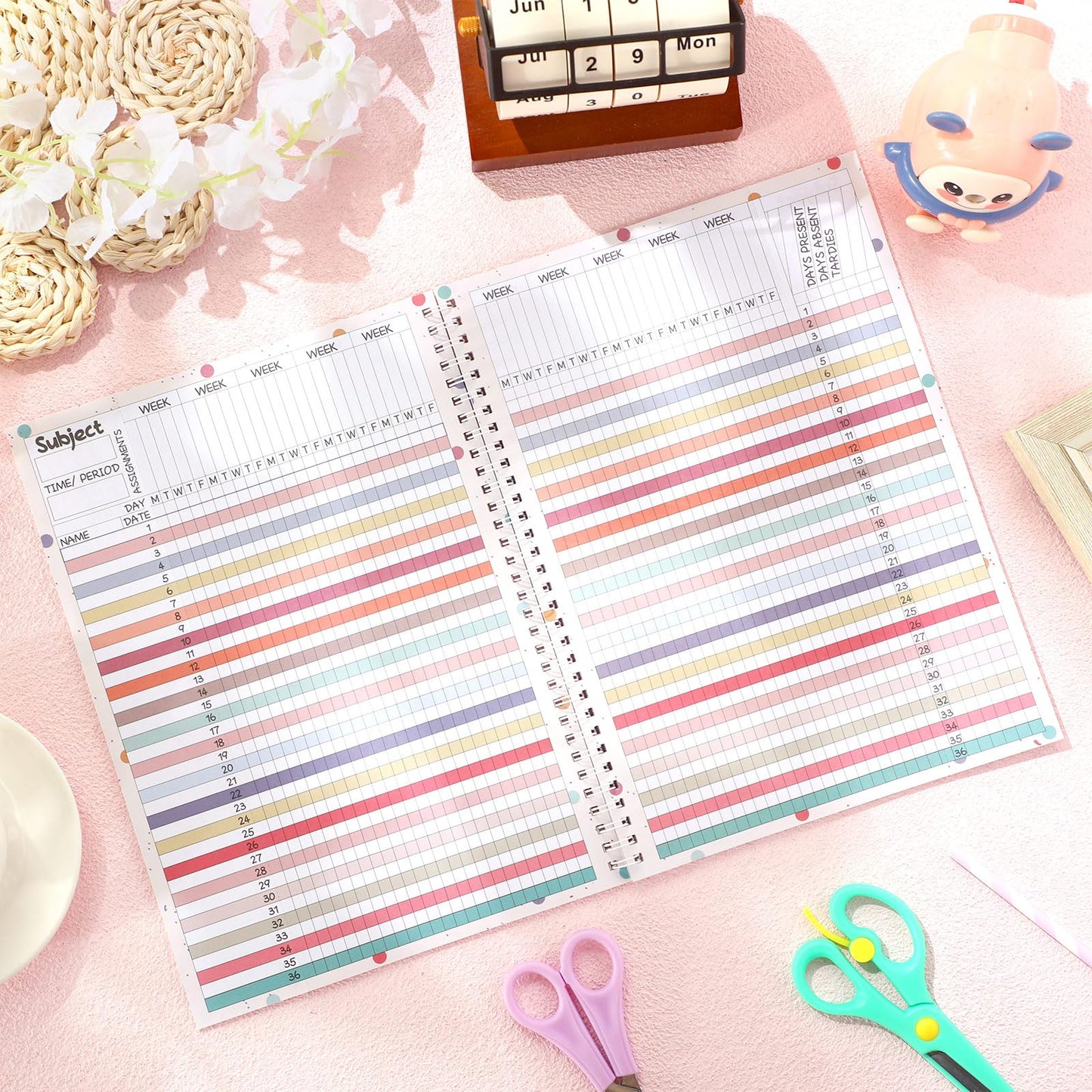 Fuyoooo Teacher Record Book 2026-2027 Spiral Bound Pencil Grade Book for Teachers Lesson Planner Attendance Books for School Classroom 8x11 Double Sided Boho Design Teacher Appreciation Gift