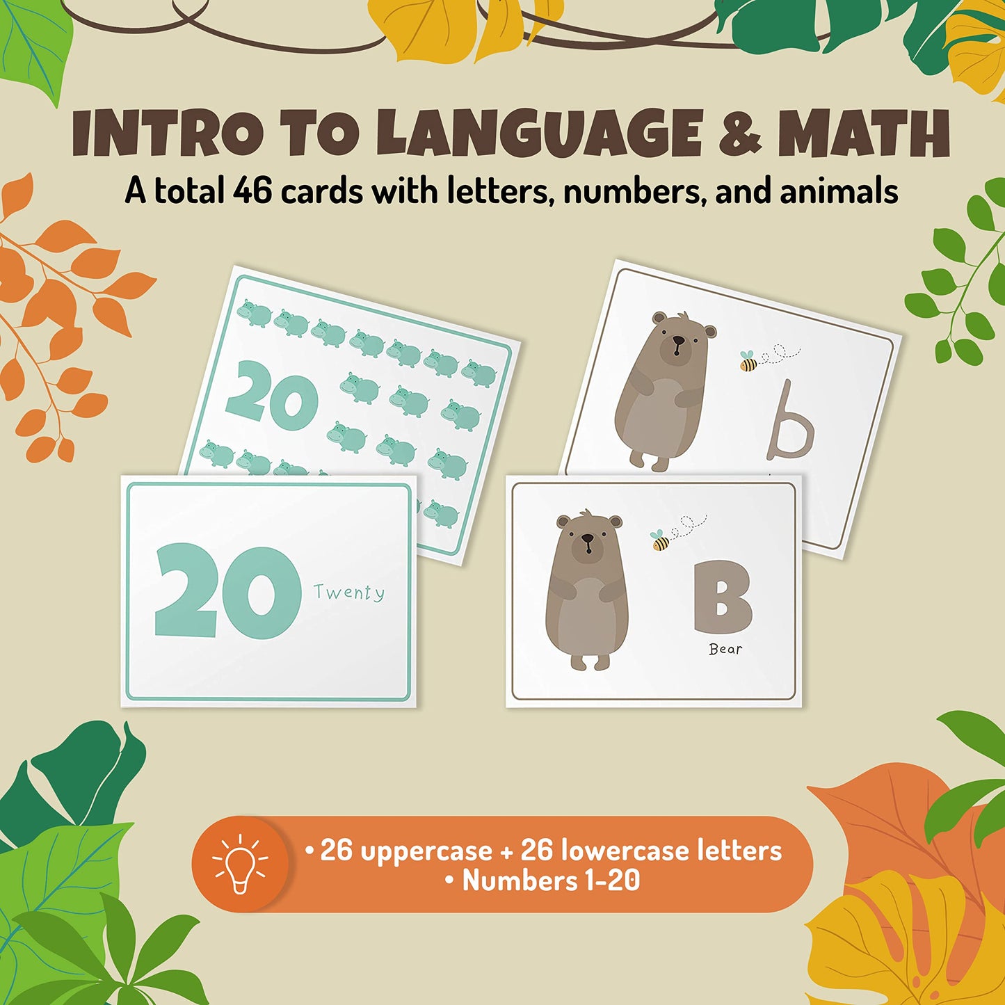 Alphabets and Numbers Animal Flash Cards for Babies, Toddlers, Pre-K, and Kindergarten – Montessori Learning Gift – Uppercase & Lowercase Letters, 123 – 46 Extra Thick Educational Cards