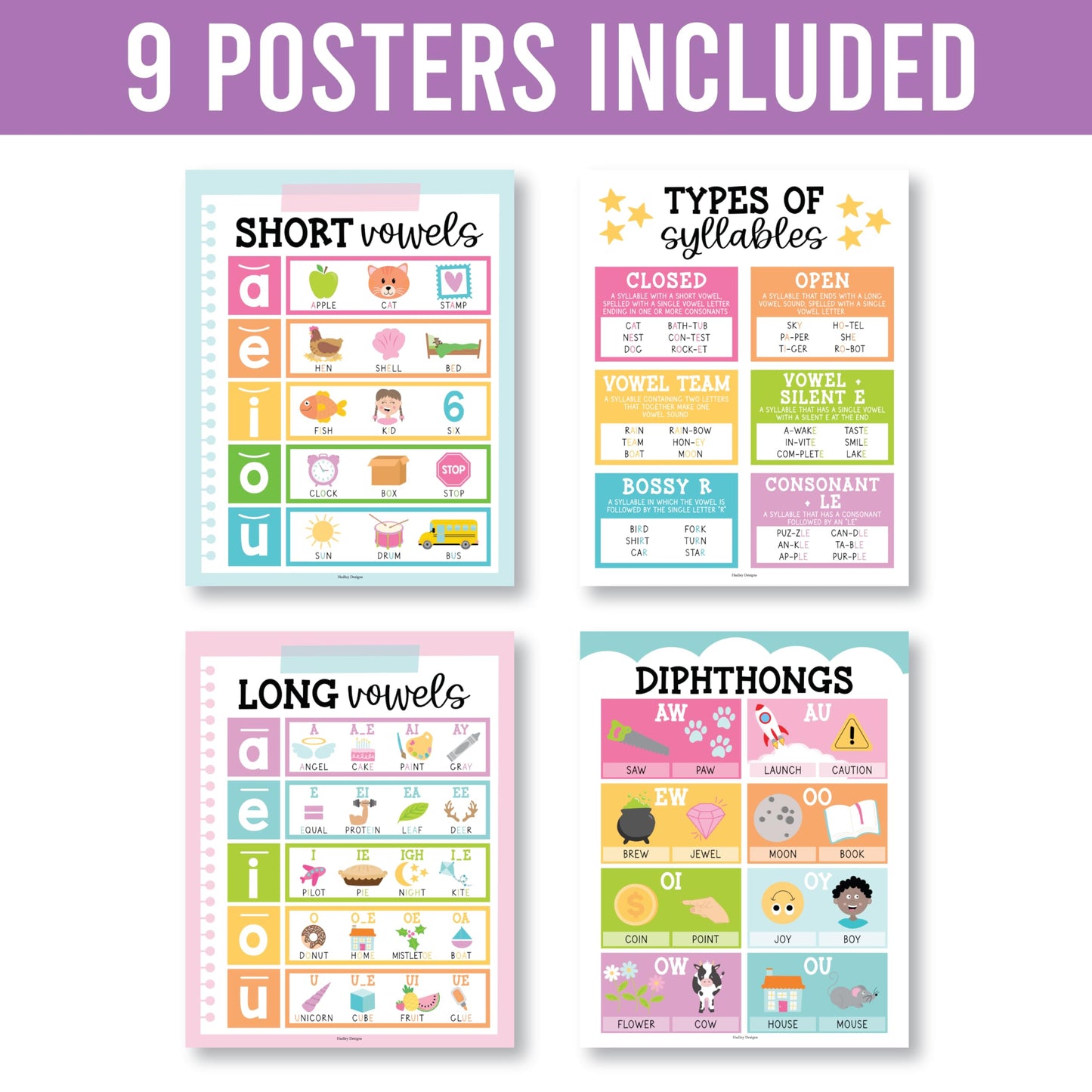 Hadley Designs Phonics Posters for Classroom Must Haves - 9 Sound Wall for Kindergarten & Elementary Teacher Supplies, Syllable, Vowels, Digraphs & Blends Bulletin Board Set, Pastel Classrom Decor