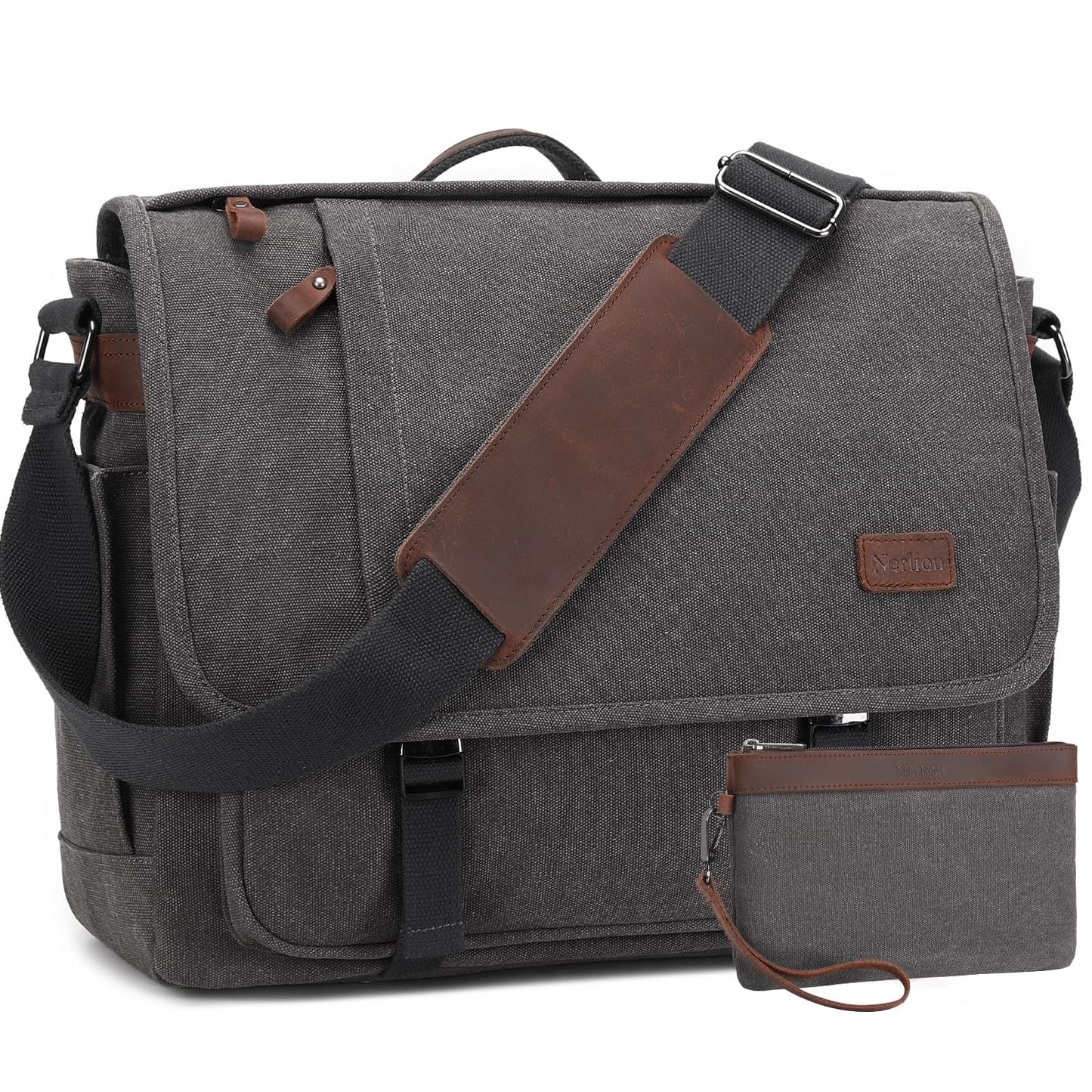 Nerlion Messenger Bag for Men 17-17.3 Inch Laptop Bag Canvas Water-resistant Computer Bag Shoulder Bag Work Briefcase Bookbag for College (Gray)