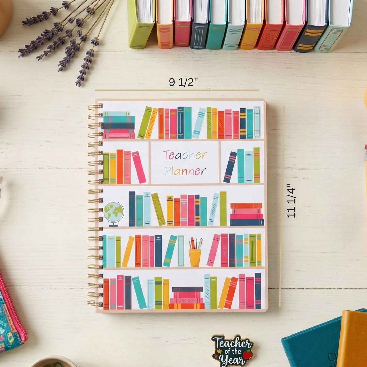 Undated Teacher Planner 8.5 x 11-12 Months & 52 Weeks | Colorful Bookshelves Cover | Monthly & Weekly Lesson Plan Book with Stickers, Storage Pocket & Snap-In Bookmark | Classroom Organizer