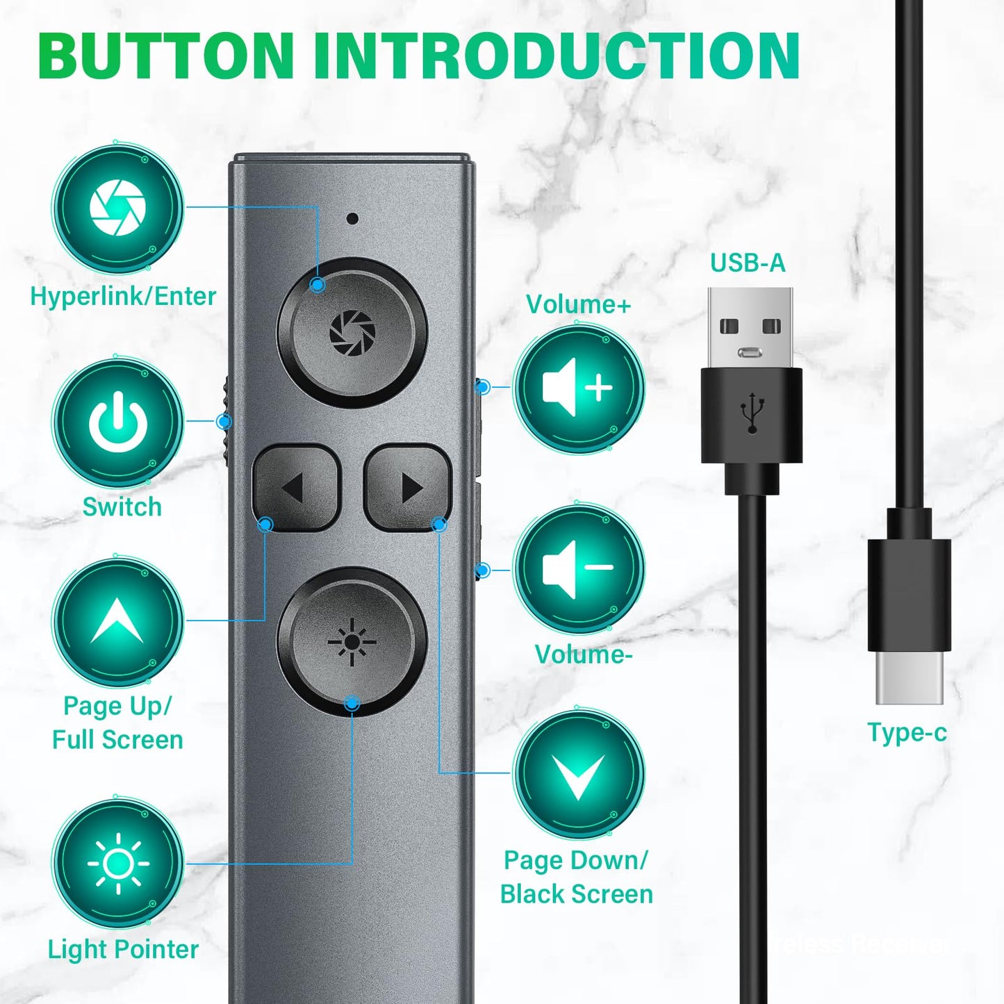 2 in 1 USB Type C Presentation Clicker, Rechargeable Presentation Clicker Wireless Presenter Remote Clicker, 2.4GHz Clicker for Powerpoint Presentations, Google Slide Advancer