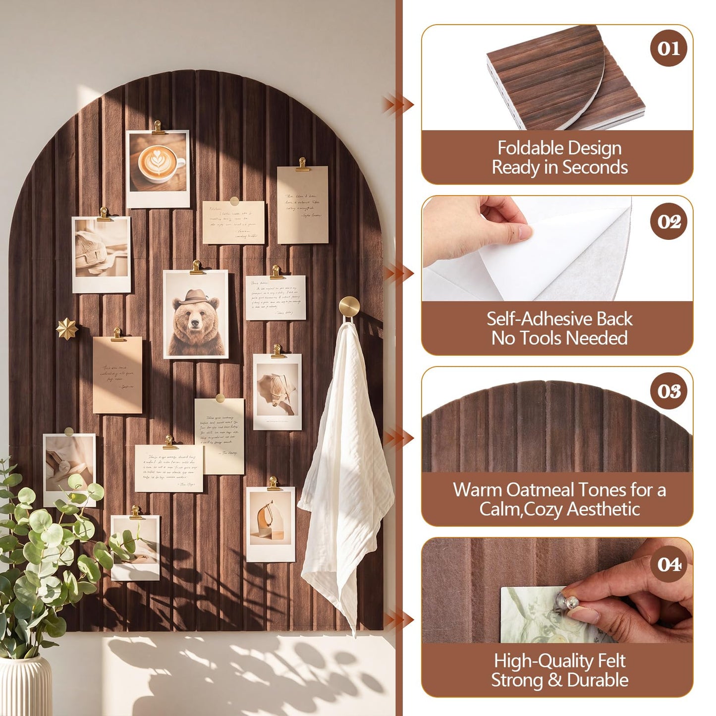 Mindsoft 1 Pcs 35" x 24" Large Integrated Arched Felt Bulletin Board - Foldable Cork Board Alternative - No Assembly Wall Decor for Office, Bedroom & Home Display Photos (Walnut)