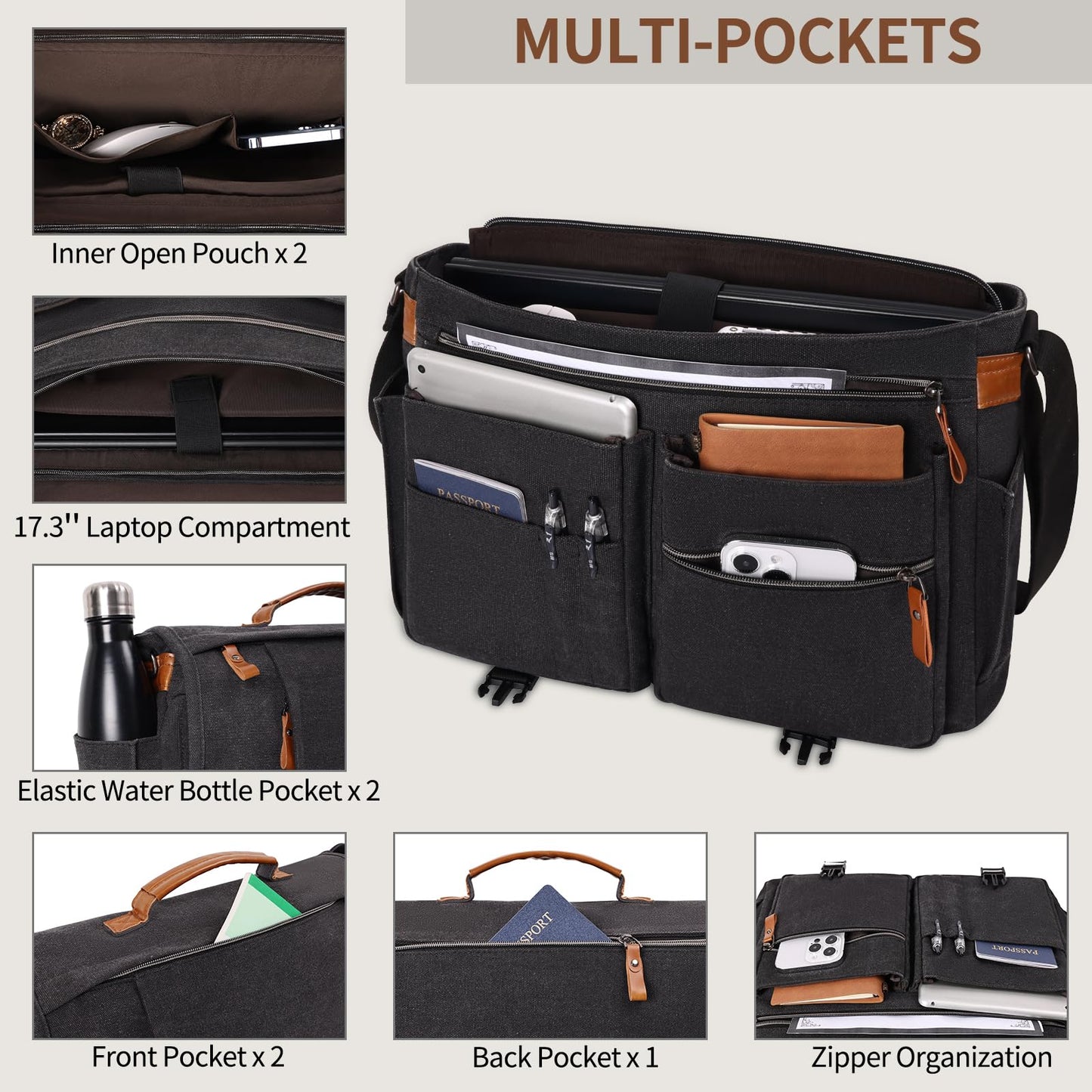 ESTARER Messenger Bag 17.3 Inch, Mens Computer Bag for Teacher/College/Work/Travel, Water-resistant Canvas Laptop Bag Satchel Briefcase, Dark Grey