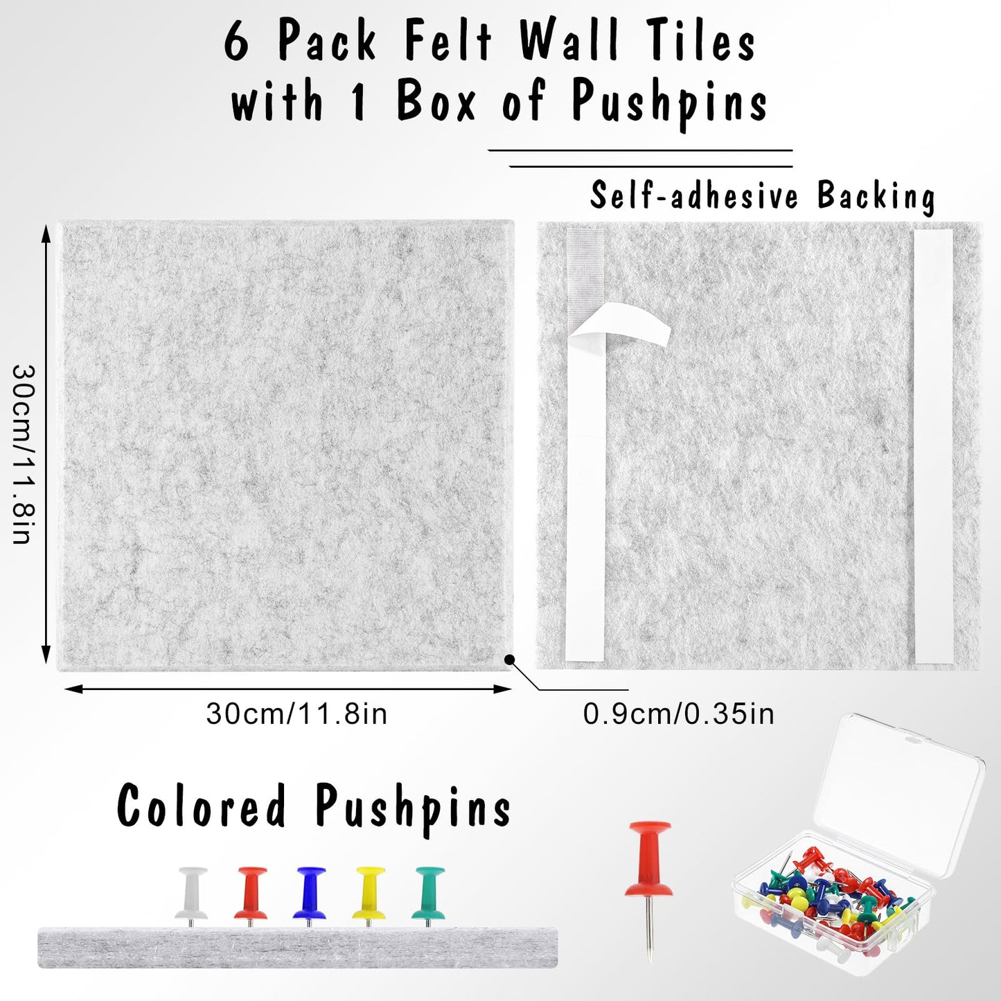 Large Cork Board 36" x 24", 6 Pack Felt Bulletin Board with 30 Pushpins, Cork Boards Alternative with Self-Adhesive Strips, Felt Wall Tiles Pin Boards for Walls Office Home School Decor-Light Gray