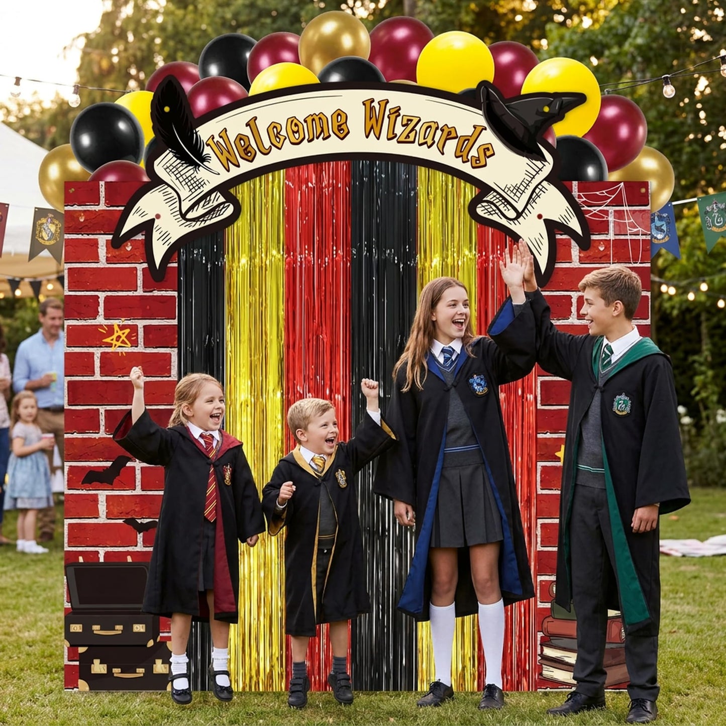 JewGewenil Wizard School Theme Party Banners - 25Pcs Black Red Gold Foil Fringe Backdrop Curtains and Balloon Decoration Set, Magic Inspired Design for Classroom Birthday Photo Booth (Welcome Wizard)