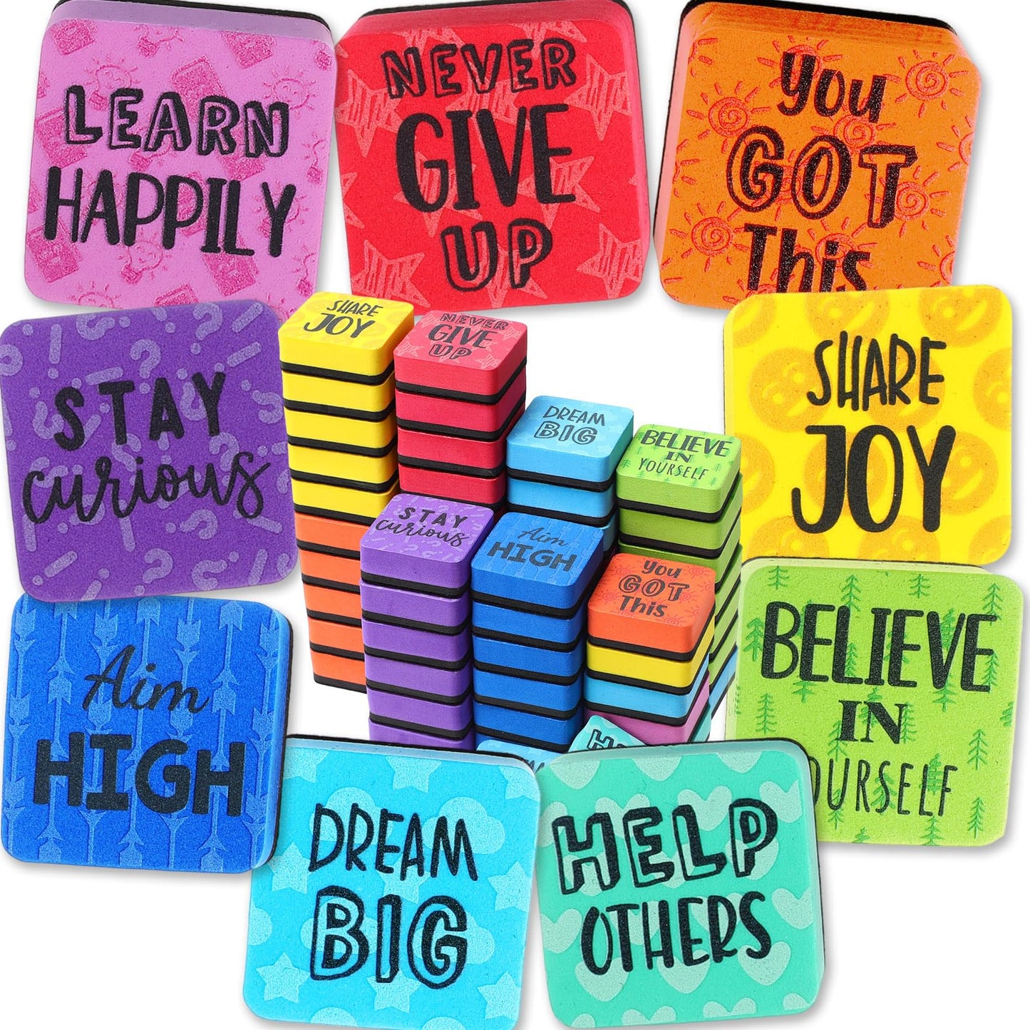 Dunzoom 54 Pack Mini Dry Erase Erasers Magnetic Whiteboard Eraser for Kids Mini Dry Erase Board Erasers Bulk for Teacher Classroom Home Office(Motivation Style, 2 x 2 Inch)(Motivation Style)