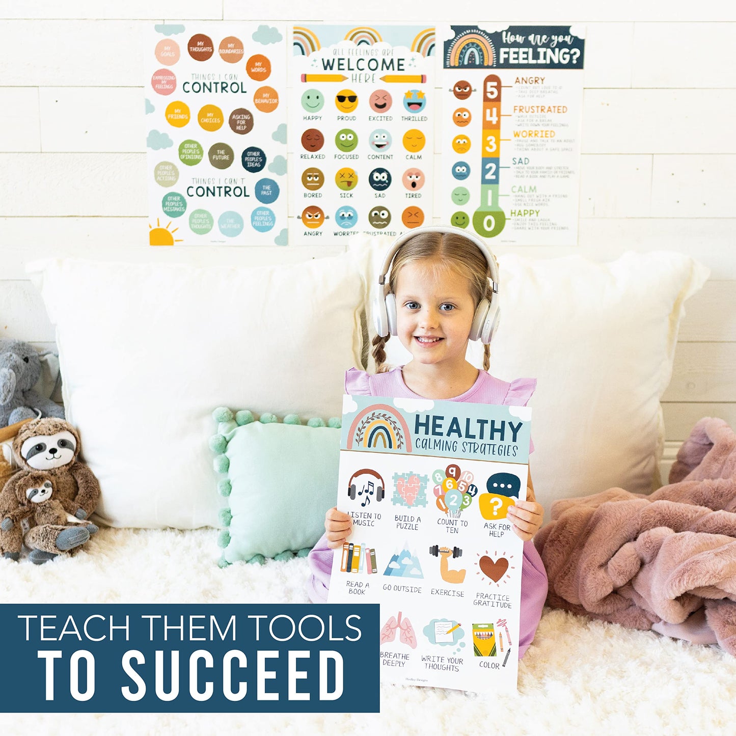 Hadley Designs Feelings Chart for Classroom Must Haves - Emotions Chart for Toddler Calm Down Corner Supplies, Feelings Wheel, Mental Health & Social Emotional Learning Posters, Boho Classroom Decor