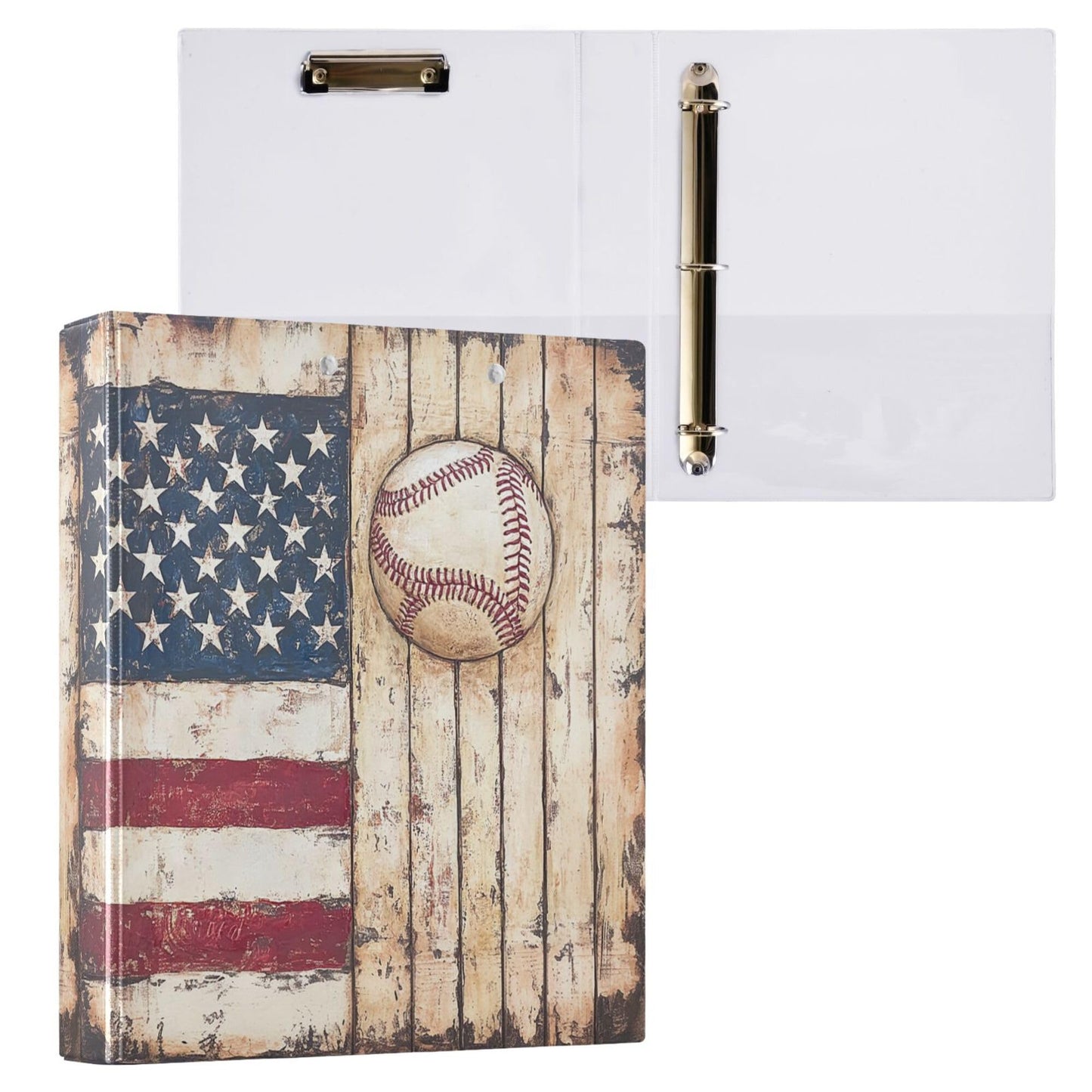 Retro American Flag Baseball Round Ring Binders 1.5 Inch Softball Wooden Background 3 Ring Clipboard Binder for Office School Work Supplies File Folder 200 Sheet Capacity